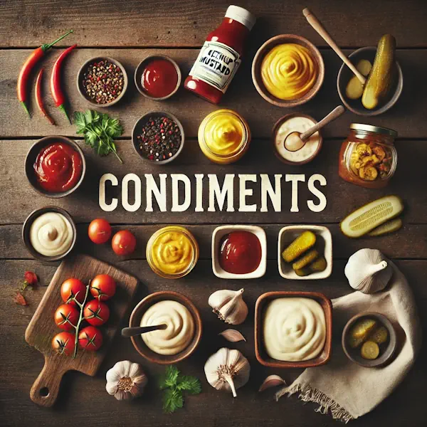 A rustic flat lay of marinades on a dark wooden table, featuring small bowls and jars of herb oil, soy-ginger, and citrus-garlic marinades. Fresh ingredients like lemon, garlic, soy sauce, and herbs surround the dishes. Raw meat or vegetables are shown ready to marinate. At the top, the word 'MARINADE' is displayed in large cream-colored serif letters, centered and clearly visible.