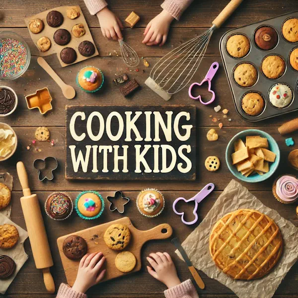 A rustic flat lay of kid-friendly cooking on a dark wooden table, including cupcakes, brownies, cookies, pancakes, pizza, and colorful snacks. Baking tools, cookie cutters, sprinkles, and children's hands are visible. At the top, the words 'COOKING WITH KIDS' are written in large cream-colored serif letters, centered and clearly above all items.
