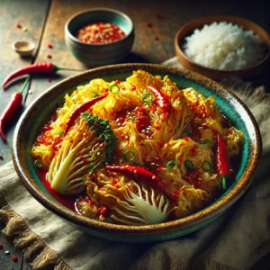 A beautifully plated dish of Cabbage Stir-fried with Red Pepper Paste, featuring tender cabbage leaves stir-fried with a bold and spicy red pepper paste. The dish has vibrant colors of golden-yellow cabbage with deep red hues from the chili paste, infused with garlic, ginger, and sesame oil. Garnished with sesame seeds and chopped green onions, it is served in a rustic ceramic bowl. Accompanied by a side of steamed rice, the bowl rests on a wooden table with soft, warm lighting enhancing the inviting and flavorful presentation.