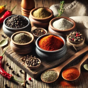 An arrangement of Cajun blackening spices is displayed on a rustic wooden table. The spices, including paprika, dried oregano, dried thyme, cayenne pepper, black pepper, white pepper, and garlic powder, are presented in small rustic ceramic bowls. Some of the spices are scattered around the bowls for a natural look. A wooden spoon and a folded linen napkin add to the cozy and inviting presentation. Soft natural light highlights the vibrant reds, greens, and earthy tones of the spices.