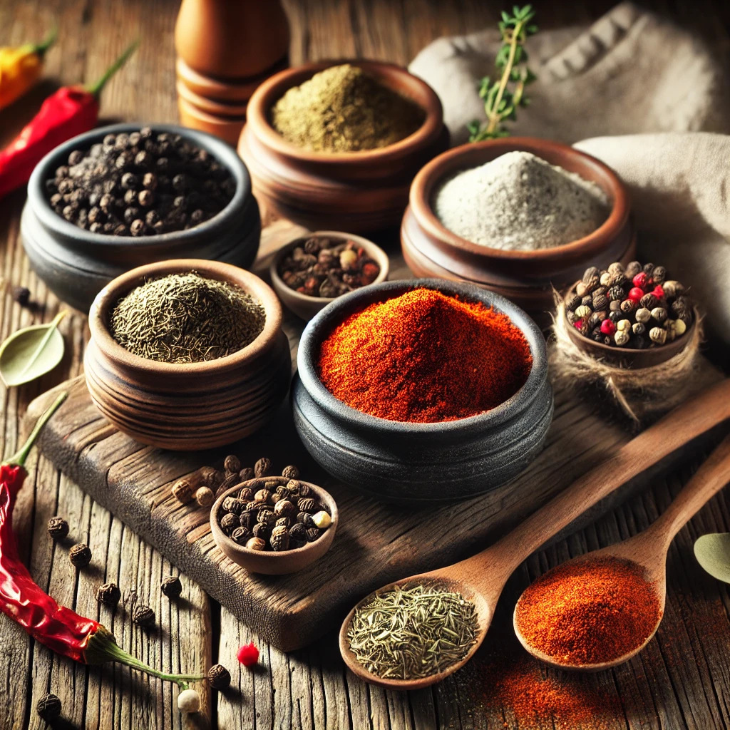 An arrangement of Cajun blackening spices is displayed on a rustic wooden table. The spices, including paprika, dried oregano, dried thyme, cayenne pepper, black pepper, white pepper, and garlic powder, are presented in small rustic ceramic bowls. Some of the spices are scattered around the bowls for a natural look. A wooden spoon and a folded linen napkin add to the cozy and inviting presentation. Soft natural light highlights the vibrant reds, greens, and earthy tones of the spices.