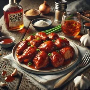 A white ceramic plate of Cajun Cafe’s Bourbon Chicken sits on a rustic wooden table. The bite-sized chicken pieces are golden brown, glazed with a rich and glossy bourbon sauce, and garnished with chopped green onions. Beside the plate are a small glass of bourbon whiskey and a bowl of sauce for dipping. Scattered around the table are fresh ingredients like garlic, minced onion, and powdered ginger, along with a folded linen napkin. Soft natural light highlights the caramelized texture of the chicken and the inviting glaze.