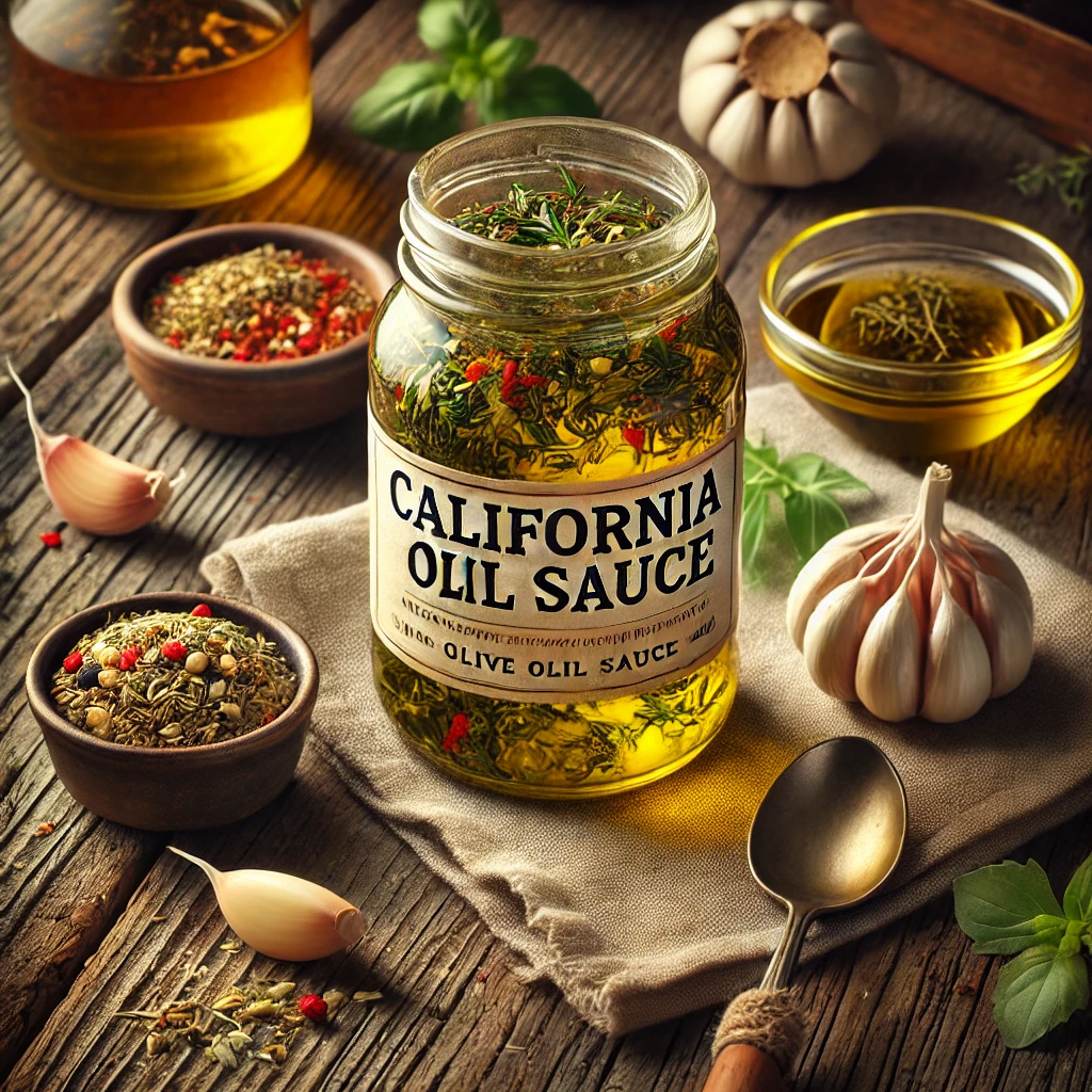 A small jar of California oil sauce, a golden olive oil mixture infused with garlic pieces, dried oregano, basil, parsley flakes, marjoram, red pepper flakes, and ground black pepper, sits on a rustic wooden table. Nearby are small bowls of dried herbs, garlic cloves, and a spoon, with a folded linen napkin adding a cozy touch.