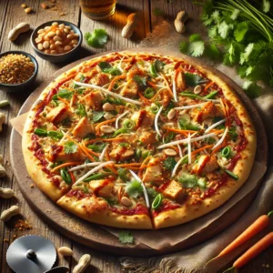 A California Pizza Kitchen Thai Chicken Pizza is displayed on a rustic wooden table. The pizza features a golden, crispy crust topped with shredded mozzarella cheese, Thai-flavored chicken, slivered scallions, bean sprouts, shredded carrots, roasted chopped peanuts, and a sprinkle of fresh cilantro. A rich, spicy peanut sauce is spread beneath the toppings, slightly oozing at the edges. The pizza is served on a wooden board with a pizza cutter nearby. Scattered fresh ingredients like cilantro, peanuts, and a small dish of peanut sauce complete the appetizing presentation.