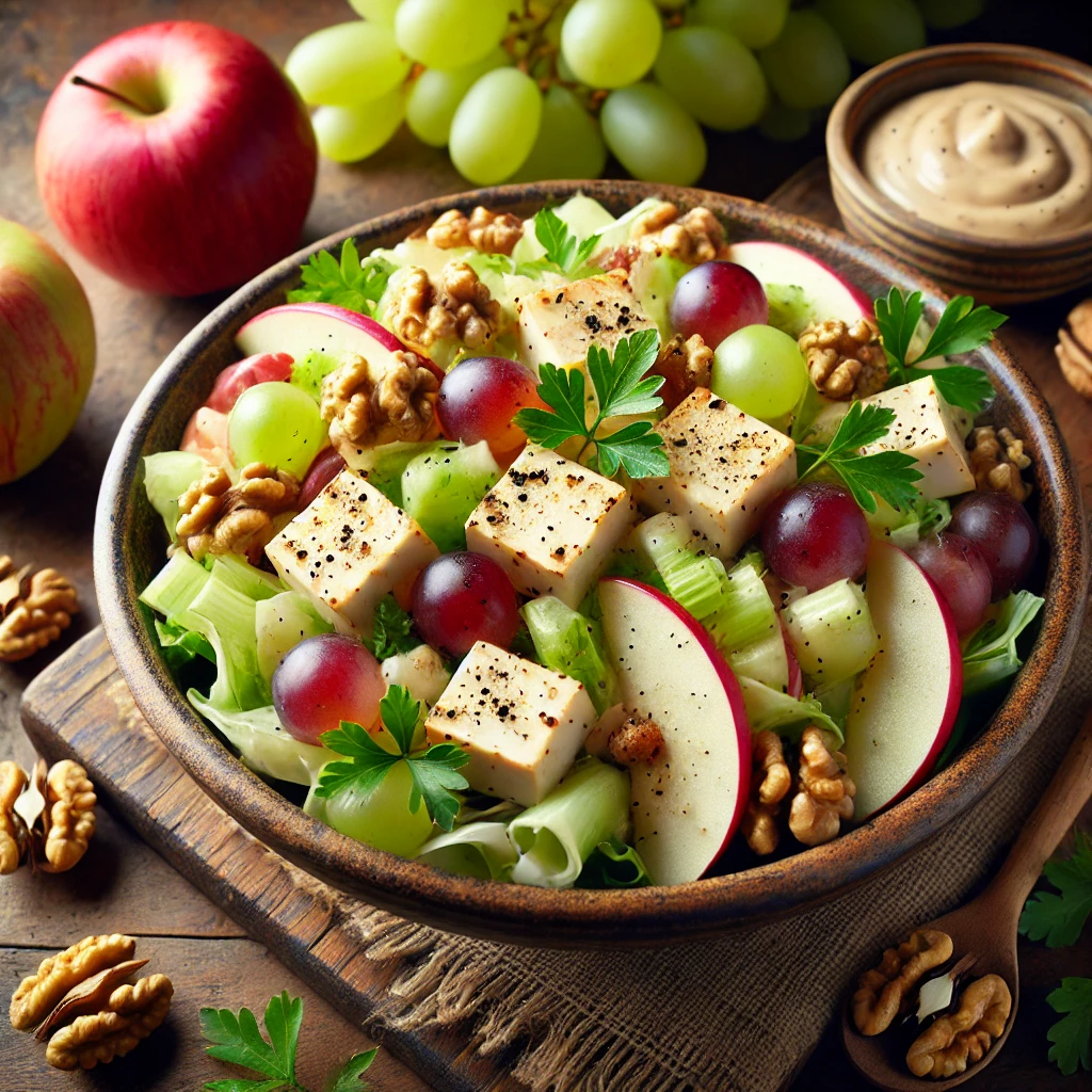 California smoked tofu Waldorf salad with smoked tofu cubes, apple slices, red grapes, celery, and walnuts in a creamy dressing, garnished with parsley and black pepper, served in a rustic bowl on a wooden table.