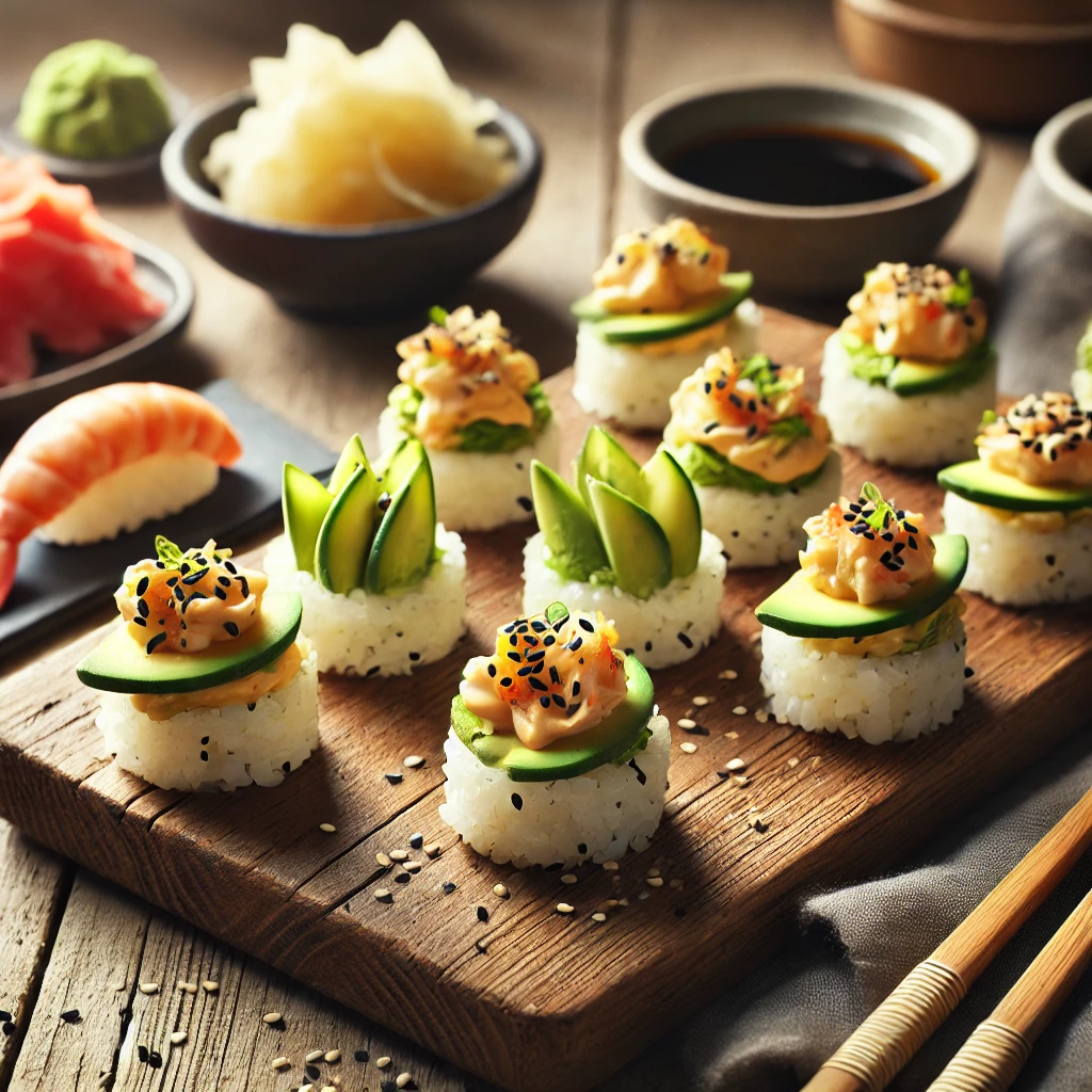 A rustic presentation of California sushi canapés, elegantly arranged on a wooden table. The bite-sized canapés feature small rounds of sushi rice topped with creamy avocado, imitation crab, and thinly sliced cucumber, garnished with sesame seeds and a drizzle of spicy mayo. Some are arranged neatly on a wooden serving board, while others are scattered with fresh ginger slices, wasabi, and soy sauce for dipping. Soft natural lighting enhances the fresh and inviting feel, with gentle shadows and a hint of rustic kitchen elements in the background.