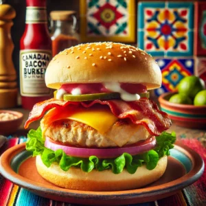 Canadian Bacon Turkey Burger with cheese, lettuce, ketchup, and mayonnaise on a golden bun, served in a vibrant Mexican-style setting.