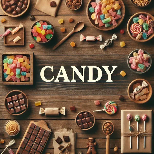 A rustic flat lay of candy on a medium-dark wooden table with horizontal planks. The scene includes colorful candies such as wrapped sweets, gummy bears, lollipops, and chocolate pieces, arranged neatly in bowls and scattered on the table. At the top, the word 'CANDY' is written in large cream-colored serif letters, centered and clearly visible.