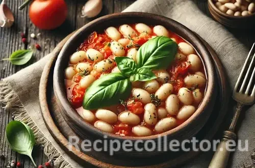 A rustic Italian bowl filled with creamy cannellini beans in a tomato-herb sauce, garnished with fresh basil, served on a dark wooden table with cutlery and a linen napkin.