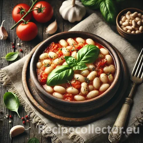 A rustic Italian bowl filled with creamy cannellini beans in a tomato-herb sauce, garnished with fresh basil, served on a dark wooden table with cutlery and a linen napkin.