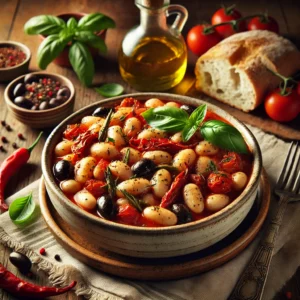 A bowl of Cannellini All’Italiana with cannellini beans, roasted red peppers, and olives in a tomato herb sauce, garnished with basil leaves, served with crusty bread on a wooden table