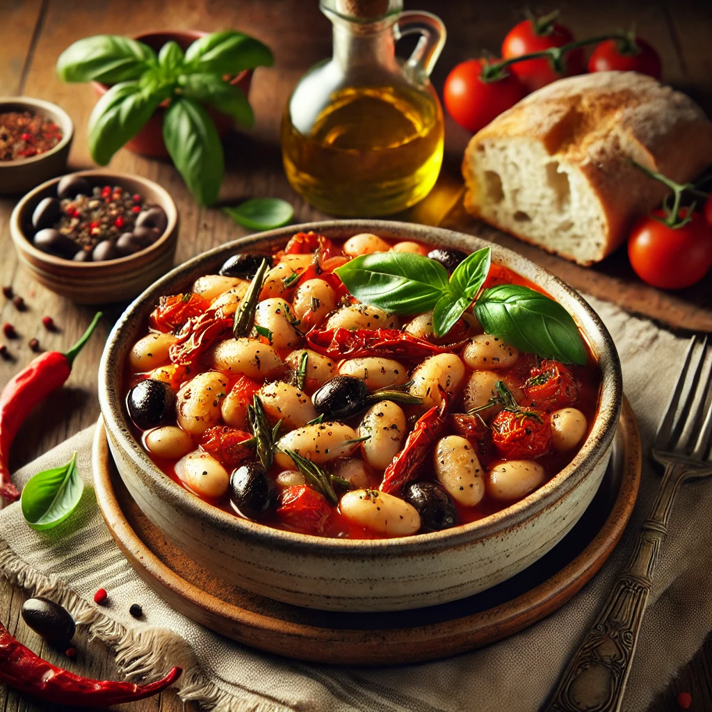 A bowl of Cannellini All’Italiana with cannellini beans, roasted red peppers, and olives in a tomato herb sauce, garnished with basil leaves, served with crusty bread on a wooden table