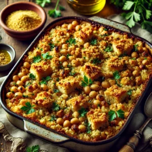 A rustic baking dish with Cannellini, Tempeh, and Couscous Bake topped with a golden breadcrumb crust, garnished with parsley and olive oil, served on a wooden table with a spoon and fresh parsley in the background.