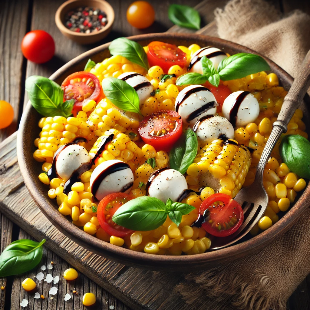 A bowl of Caprese corn salad with sweet corn, cherry tomatoes, fresh mozzarella balls, and basil leaves, drizzled with balsamic glaze on a rustic wooden table. Garnished with black pepper and sea salt, with a serving spoon lifting a portion. A cozy napkin and wooden plate enhance the warm, inviting atmosphere.