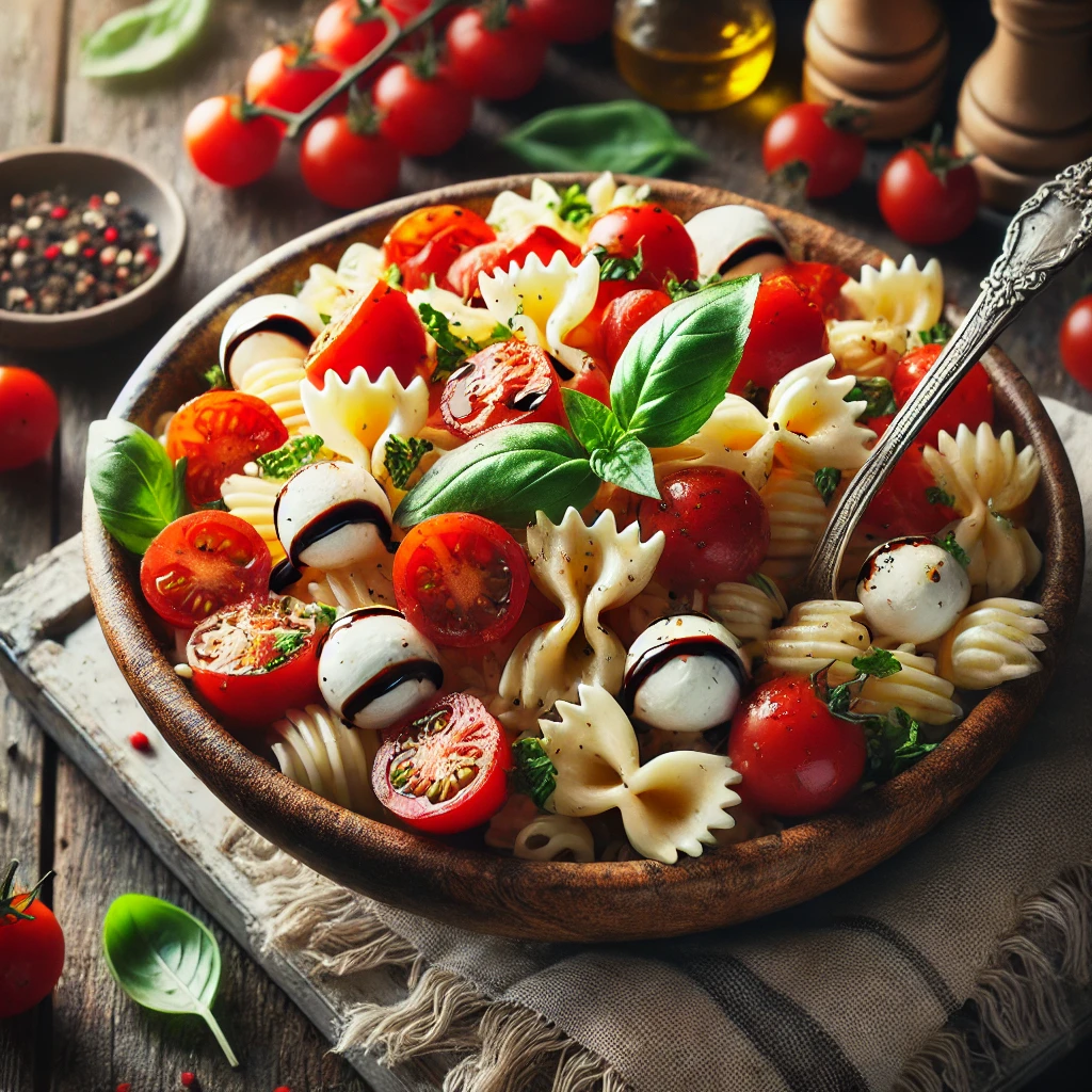 A bowl of Caprese pasta salad with al dente pasta, cherry tomatoes, fresh mozzarella balls, and basil leaves, drizzled with balsamic glaze on a rustic wooden table. A serving spoon lifts a portion to showcase the fresh ingredients. A cozy napkin and wooden plate enhance the warm, inviting atmosphere.