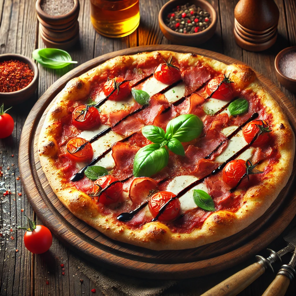 A beautifully plated Caprese Pizza with Crispy Pancetta served on a rustic wooden table. The pizza features a crispy golden crust topped with fresh mozzarella, juicy cherry tomatoes, and crispy pancetta. Garnished with fresh basil leaves and a drizzle of balsamic glaze. Arranged on a wooden pizza board with a side of crushed red pepper flakes. The warm wooden table is more visible, providing a cozy and inviting setting.