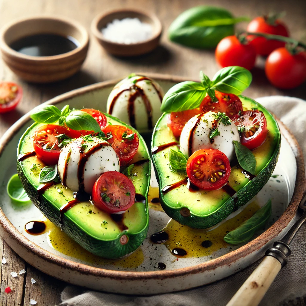 A plate of Caprese stuffed avocados on a rustic wooden table, featuring ripe avocado halves filled with diced cherry tomatoes, fresh mozzarella balls, and chopped basil, all drizzled with balsamic glaze and extra virgin olive oil. A few extra basil leaves and a sprinkle of sea salt add finishing touches. The plate is accompanied by a small dish of balsamic glaze and a fork. Soft natural lighting enhances the fresh, Mediterranean tones.