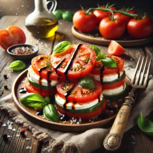 A plate of Caprese tomatoes with thick tomato slices, fresh mozzarella, and basil leaves, drizzled with balsamic glaze and olive oil on a rustic wooden table. Garnished with cracked black pepper and sea salt, with a serving fork lifting a slice. A cozy napkin and wooden plate enhance the warm, inviting atmosphere.