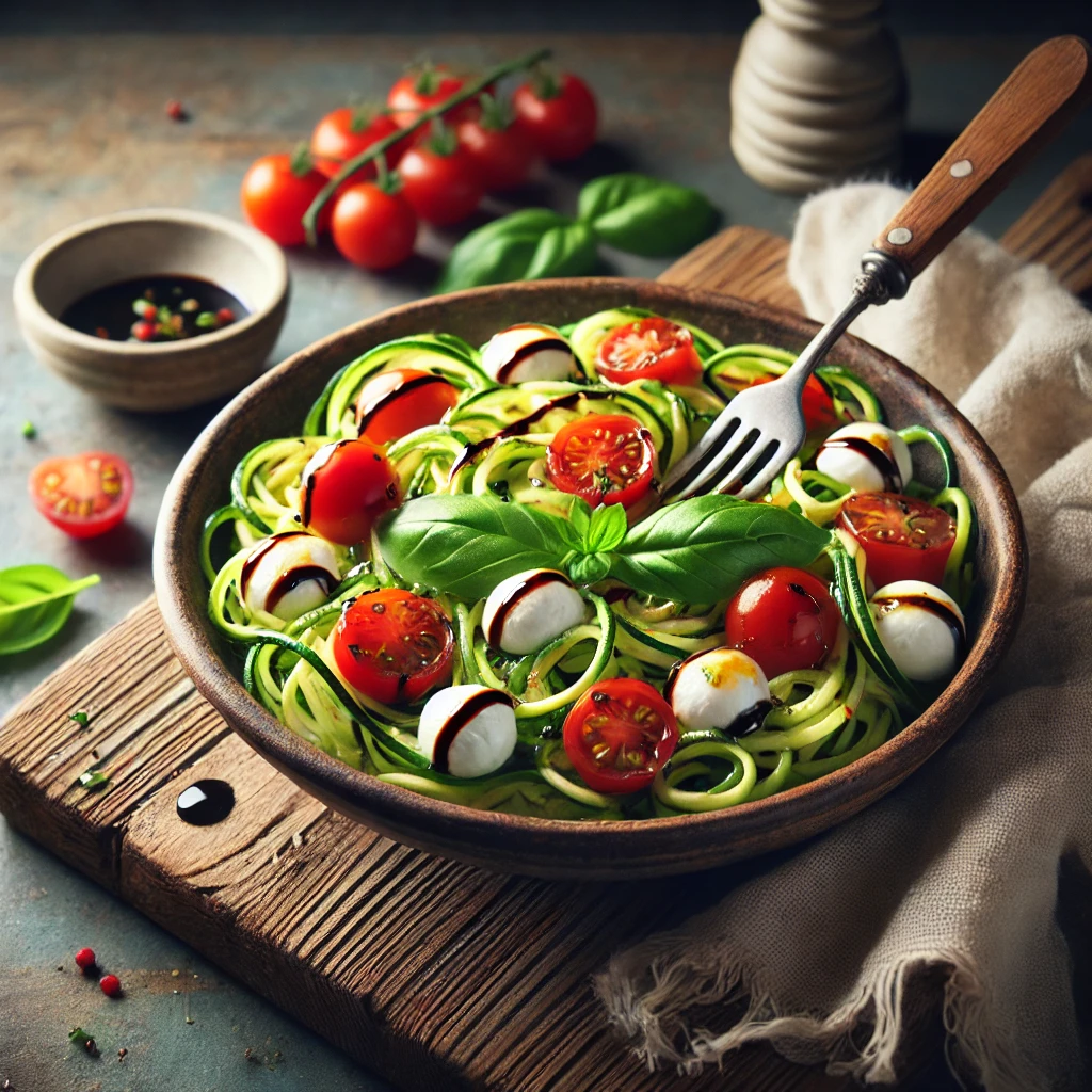 A bowl of Caprese zoodles with fresh zucchini noodles, cherry tomatoes, mozzarella balls, and basil leaves, drizzled with balsamic glaze on a rustic wooden table. A serving fork lifts a portion, showcasing the vibrant ingredients. A cozy napkin and wooden plate enhance the warm, inviting atmosphere.