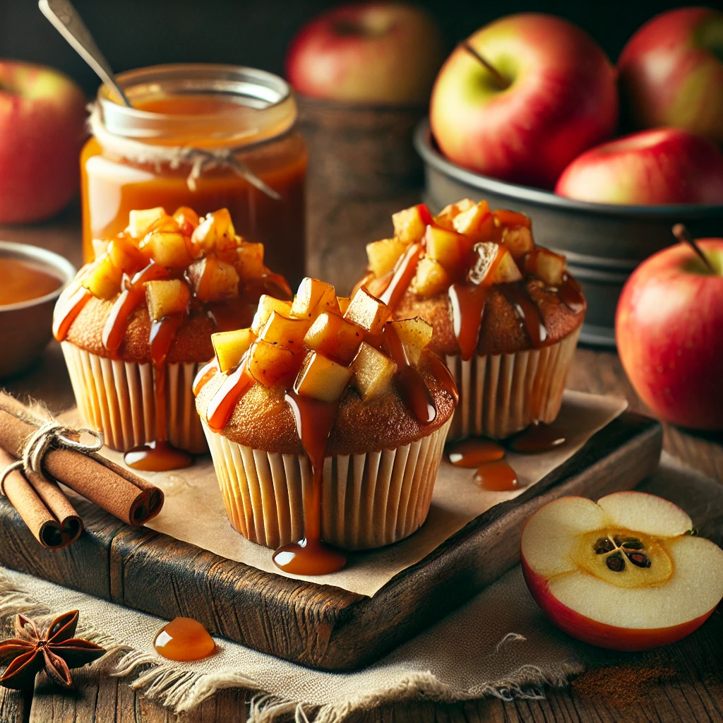 A warm and inviting display of Caramel Apple Muffin Tops on a rustic wooden table, with golden-brown muffins topped with caramel drizzle and apple chunks, surrounded by fresh apples, cinnamon sticks, and a jar of caramel sauce, creating a cozy autumn-themed scene.