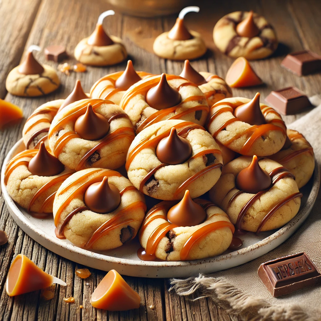 A plate of caramel kisses thumbprint cookies on a rustic wooden table, featuring golden brown cookies with a soft, buttery texture, filled with rich caramel and topped with a Hershey’s Kiss. Some cookies are drizzled with extra caramel or chocolate for added indulgence, while a few broken cookies reveal their gooey caramel-filled interior. Scattered caramel pieces, chocolate chips, and cookie crumbs add to the homemade charm. Soft natural lighting enhances the warm, inviting tones.
