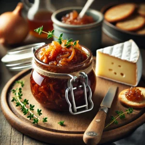Onion Chutney served in a small artisan jar with a glossy, caramelized texture, garnished with a sprig of fresh thyme. The jar is placed on a wooden board alongside a wheel of Brie cheese, crackers, and slices of toasted bread. The scene includes a small bowl of apple cider vinegar and fresh gingerroot, styled with soft natural lighting for a cozy and elegant presentation.