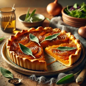 Caramelized Onion Tart with Sweet Potato Sage Crust on a rustic ceramic plate, featuring a golden sweet potato crust infused with sage, filled with caramelized onions and creamy cheese. Garnished with sage leaves and black pepper, set on a wooden table with mixed greens and a glass of white wine in the softly blurred background.