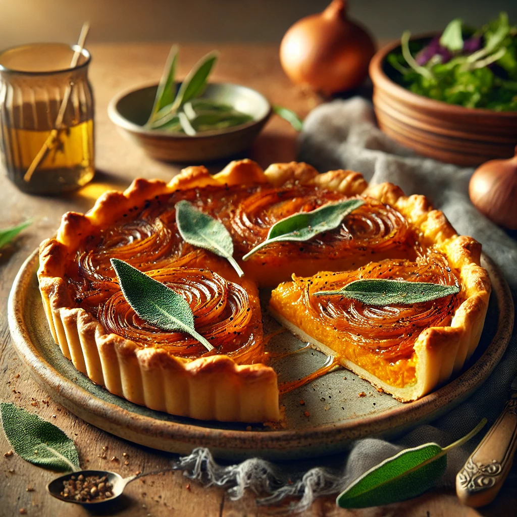 Caramelized Onion Tart with Sweet Potato Sage Crust on a rustic ceramic plate, featuring a golden sweet potato crust infused with sage, filled with caramelized onions and creamy cheese. Garnished with sage leaves and black pepper, set on a wooden table with mixed greens and a glass of white wine in the softly blurred background.