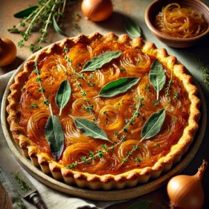 A Caramelized Onion Tart with a golden sweet potato sage crust, topped with caramelized onions and garnished with fresh sage leaves, served on a rustic ceramic plate with sage sprigs and a bowl of caramelized onions in the background.