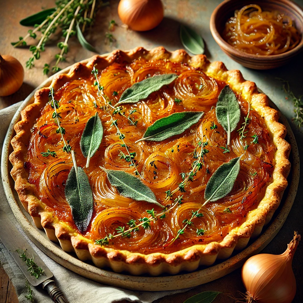 A Caramelized Onion Tart with a golden sweet potato sage crust, topped with caramelized onions and garnished with fresh sage leaves, served on a rustic ceramic plate with sage sprigs and a bowl of caramelized onions in the background.