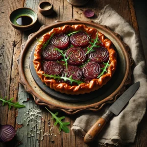 A rustic Onion Tarte Tatin served on an artisan ANTA serving plate, featuring caramelized red onions with a glossy finish under a golden-brown pastry crust. The dish is garnished with fresh rocket leaves and Parmesan shavings, styled on a weathered wooden table with a linen napkin, a knife for serving, and a small bowl of balsamic vinegar, illuminated by soft natural lighting.