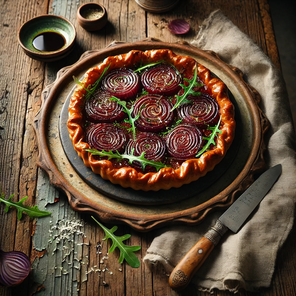 A rustic Onion Tarte Tatin served on an artisan ANTA serving plate, featuring caramelized red onions with a glossy finish under a golden-brown pastry crust. The dish is garnished with fresh rocket leaves and Parmesan shavings, styled on a weathered wooden table with a linen napkin, a knife for serving, and a small bowl of balsamic vinegar, illuminated by soft natural lighting.