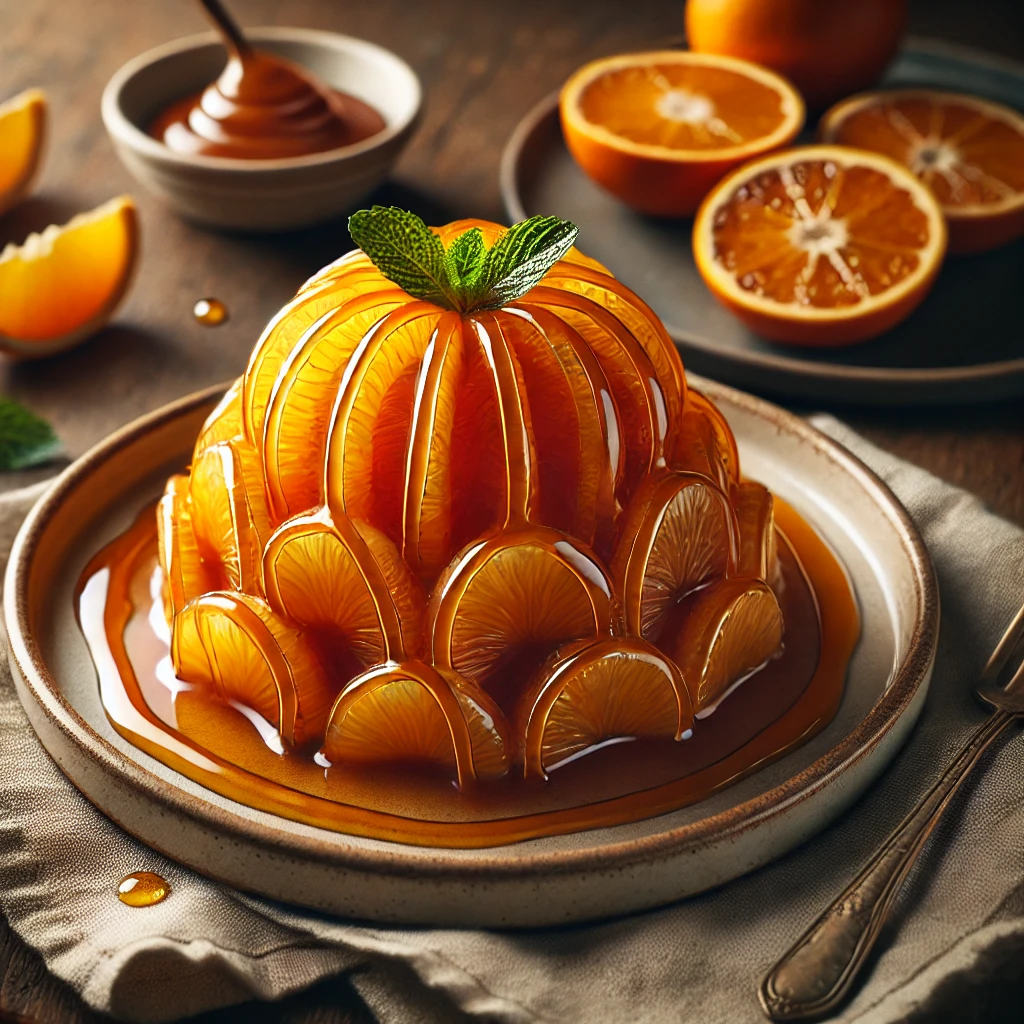 A beautifully plated dessert of Oranges in Caramel, with thinly sliced oranges arranged in delicate overlapping layers and drizzled with a deep golden caramel. The dish is presented in an elegant fruit dish on a rustic wooden table, accompanied by a linen napkin, a small dish of extra caramel, and fresh mint leaves for garnish. Warm, natural lighting highlights the inviting textures and rich colors.