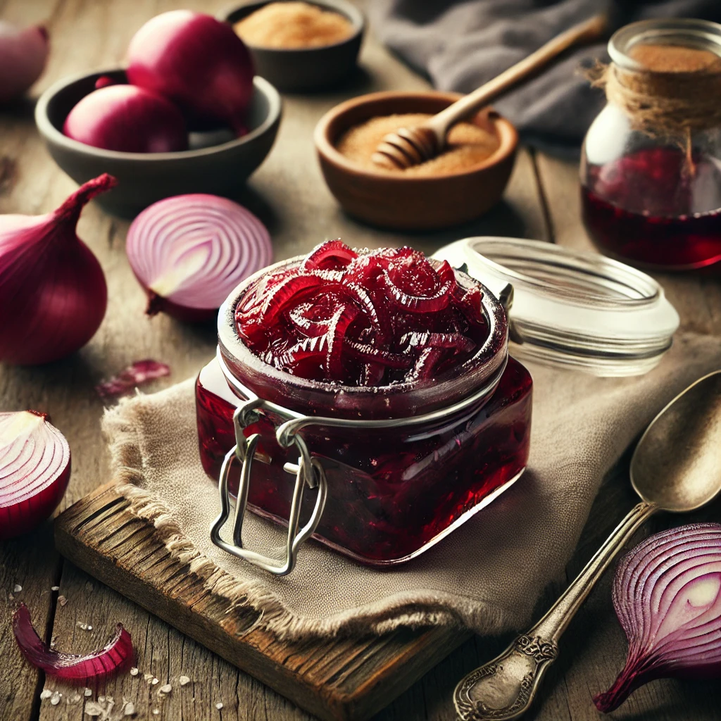 A jar of Red Onion Relish with a glossy, deep purple appearance, served in a glass jar with an airtight lid on a rustic wooden table. The scene is styled with a spoon, a linen napkin, fresh red onions, a bowl of brown sugar, and a bottle of red wine vinegar, highlighted by soft natural lighting for a cozy and inviting look.