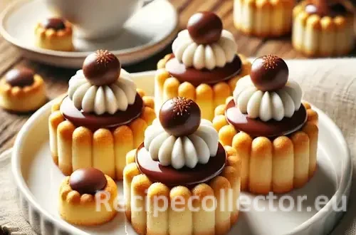 A plate of elegant Swiss-inspired shortbread pastries filled with chocolate ganache, topped with white icing and a chocolate candy, styled on a wooden table with soft lighting and a teacup in the background.