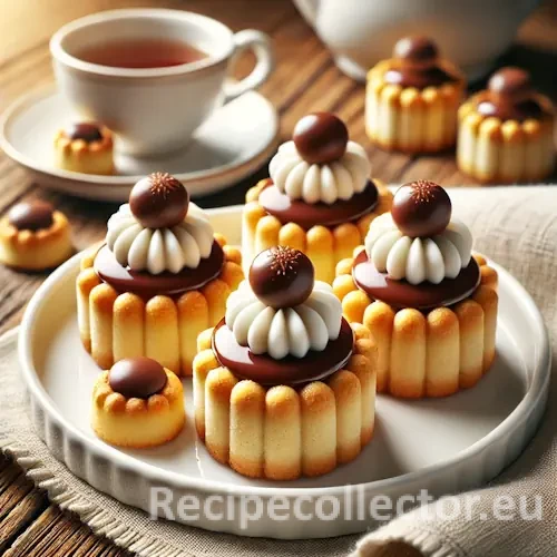 A plate of elegant Swiss-inspired shortbread pastries filled with chocolate ganache, topped with white icing and a chocolate candy, styled on a wooden table with soft lighting and a teacup in the background.