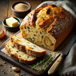 A freshly baked Caraway Onion Cornmeal Bread with a golden, crusty exterior and a soft, hearty interior infused with caramelized onions and fragrant caraway seeds. The bread has a rustic, artisanal appearance with a slightly cracked surface and a dusting of cornmeal on top. It rests on a wooden cutting board atop a rustic wooden table, with a few slices cut to reveal its flavorful, textured crumb. A small dish of butter, fresh thyme, and a linen napkin complete the cozy presentation. Warm, natural lighting enhances the inviting, homemade feel.