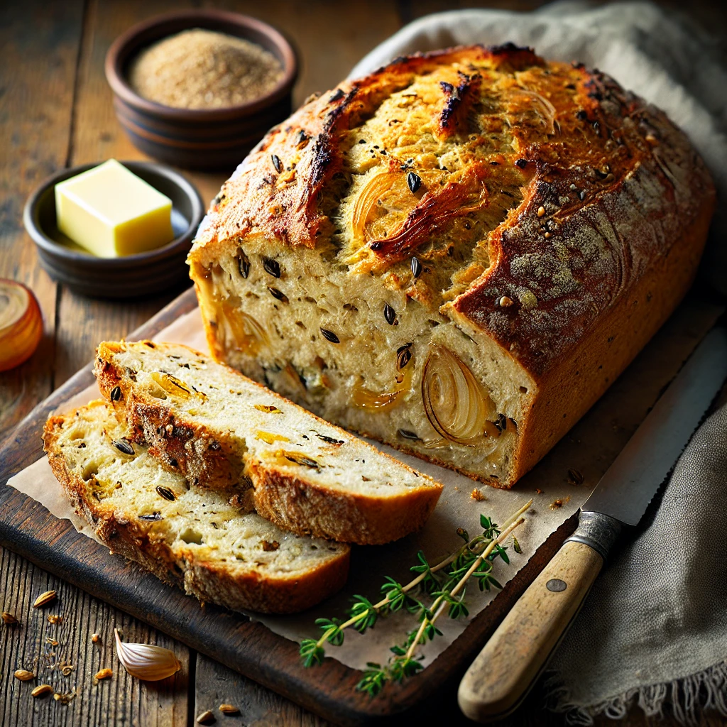 A freshly baked Caraway Onion Cornmeal Bread with a golden, crusty exterior and a soft, hearty interior infused with caramelized onions and fragrant caraway seeds. The bread has a rustic, artisanal appearance with a slightly cracked surface and a dusting of cornmeal on top. It rests on a wooden cutting board atop a rustic wooden table, with a few slices cut to reveal its flavorful, textured crumb. A small dish of butter, fresh thyme, and a linen napkin complete the cozy presentation. Warm, natural lighting enhances the inviting, homemade feel.