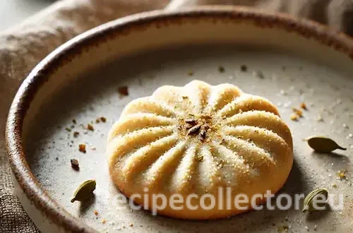 Golden cardamom sugar cookie dusted with sugar, served on a ceramic plate with soft linen and warm, natural winter light