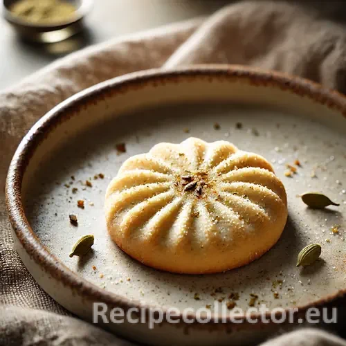 Golden cardamom sugar cookie dusted with sugar, served on a ceramic plate with soft linen and warm, natural winter light