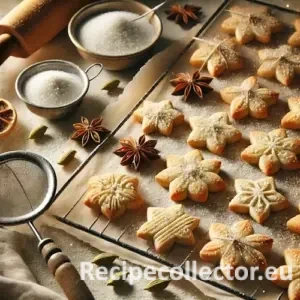 Golden, crisp cardamom sugar cookies with festive cut-out shapes on a wire rack and baking tray, sprinkled with sparkling sugar and surrounded by holiday spices.