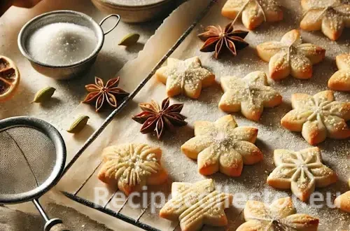 Golden, crisp cardamom sugar cookies with festive cut-out shapes on a wire rack and baking tray, sprinkled with sparkling sugar and surrounded by holiday spices.