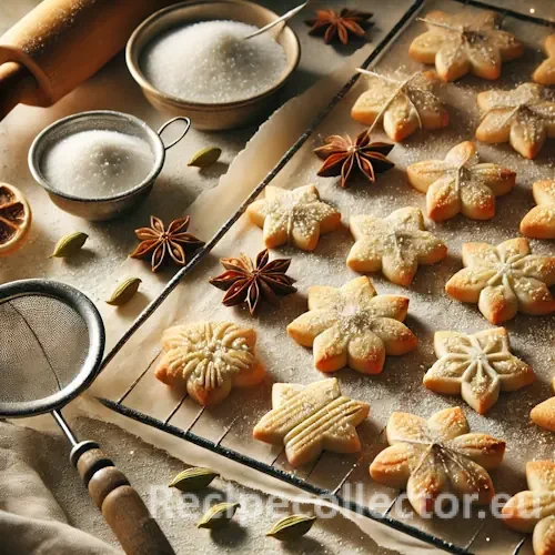 Golden, crisp cardamom sugar cookies with festive cut-out shapes on a wire rack and baking tray, sprinkled with sparkling sugar and surrounded by holiday spices.