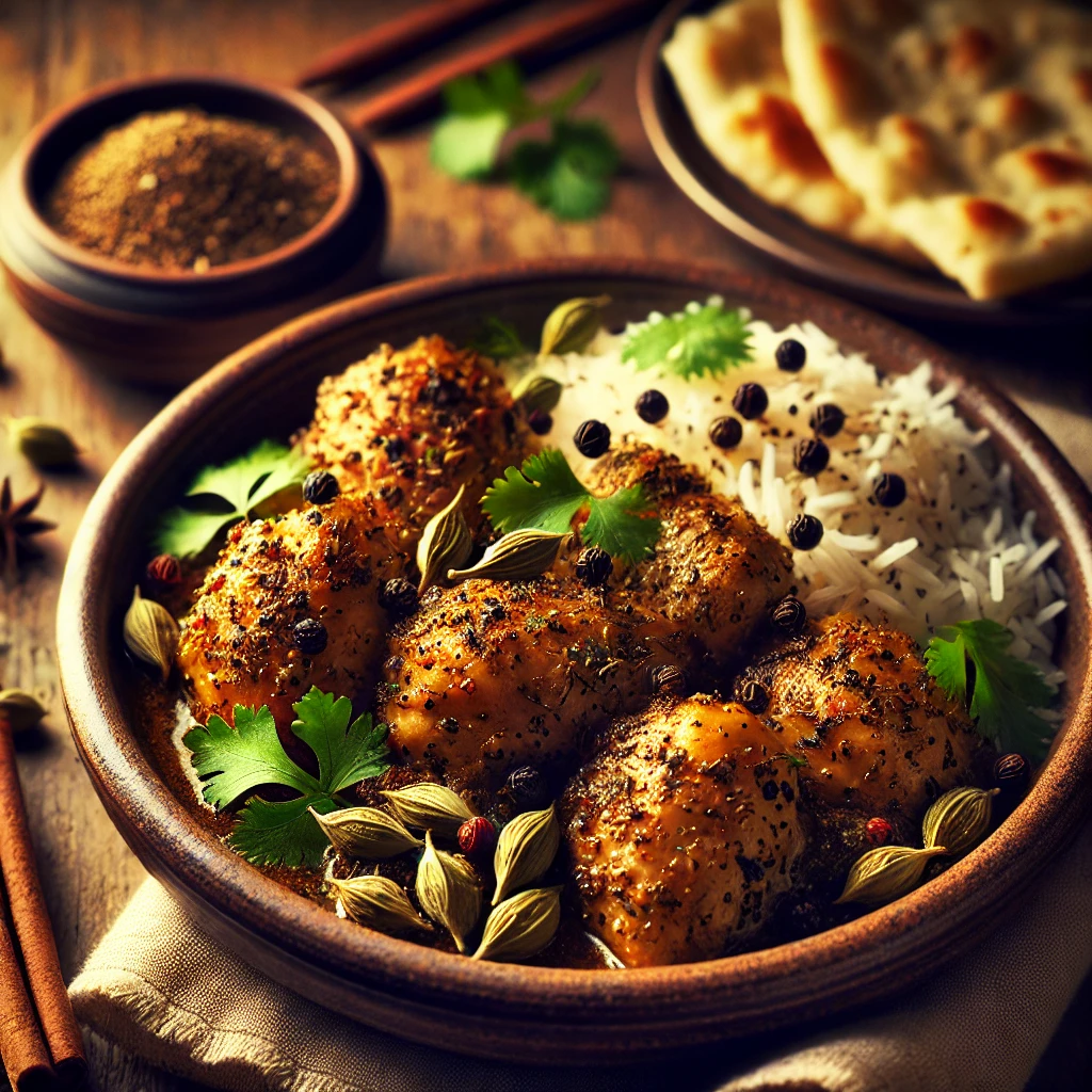 A beautifully plated dish of Cardamom and Black Pepper Chicken, featuring tender, golden-brown chicken pieces infused with the rich aroma of crushed cardamom and freshly ground black pepper. The dish is garnished with fresh coriander and whole cardamom pods, served in a rustic ceramic bowl. Accompanied by a side of basmati rice and naan bread, the bowl rests on a wooden table, with soft, warm lighting enhancing the inviting and flavorful presentation.