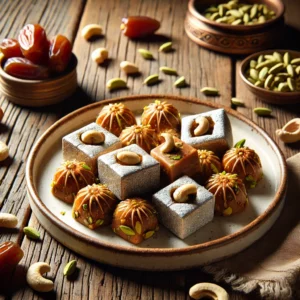 A beautifully plated batch of Cardamom-infused Cashew Diamond Treats served on a rustic wooden table. These diamond-shaped sweets are made with finely ground cashews and infused with aromatic cardamom. Topped with a thin layer of edible silver foil and garnished with crushed pistachios. Arranged on a white ceramic plate with a side of fresh dates. The warm wooden table is more visible, providing a cozy and inviting setting.