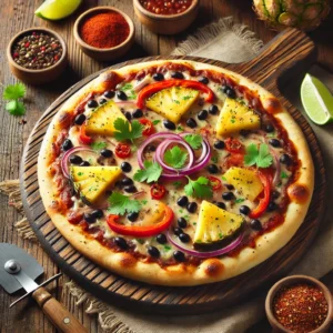 A beautifully plated Caribbean Black Bean Pizza served on a rustic wooden table. The pizza features a crispy golden crust topped with a flavorful black bean spread, melted cheese, sliced bell peppers, red onions, sweet pineapple chunks, and fresh cilantro. Garnished with a drizzle of spicy jerk sauce and lime wedges on the side. Arranged on a wooden pizza board with a side of crushed red pepper flakes. The warm wooden table is more visible, providing a cozy and inviting setting.