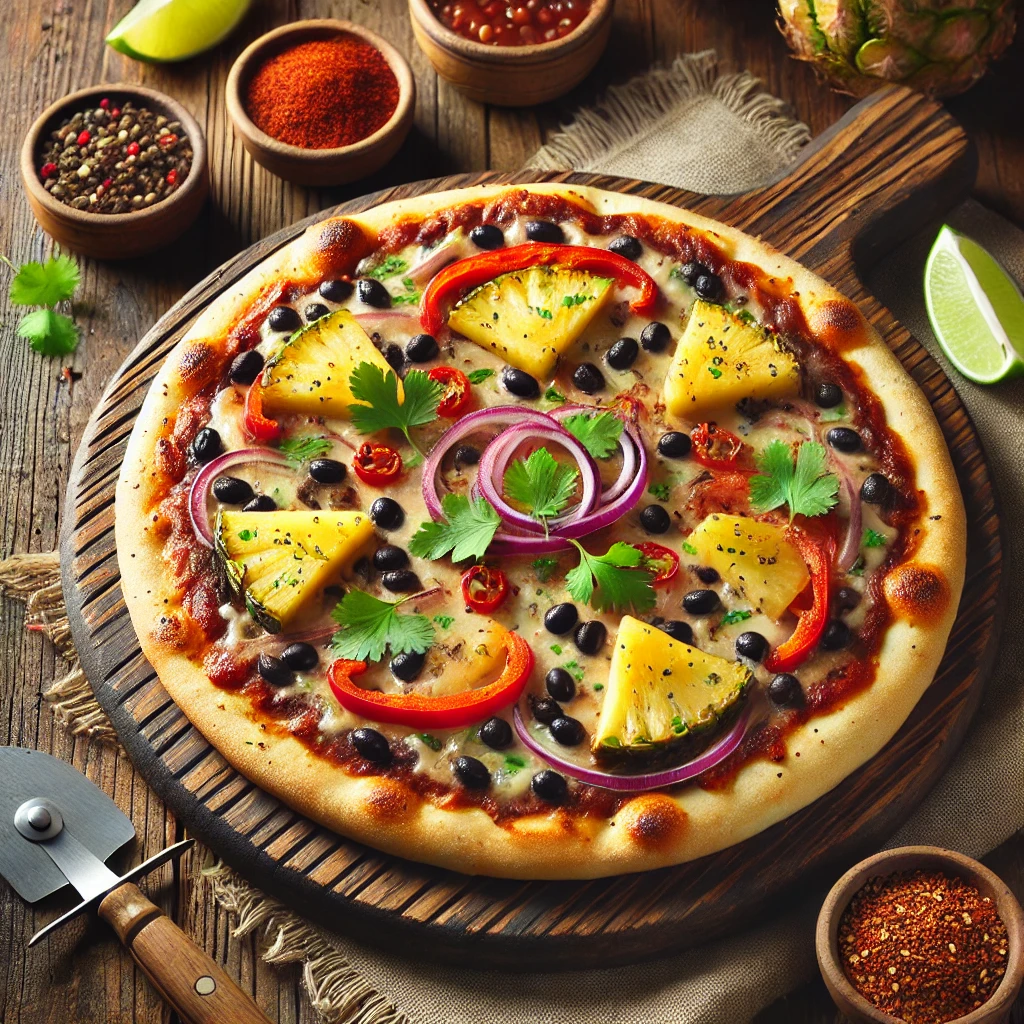 A beautifully plated Caribbean Black Bean Pizza served on a rustic wooden table. The pizza features a crispy golden crust topped with a flavorful black bean spread, melted cheese, sliced bell peppers, red onions, sweet pineapple chunks, and fresh cilantro. Garnished with a drizzle of spicy jerk sauce and lime wedges on the side. Arranged on a wooden pizza board with a side of crushed red pepper flakes. The warm wooden table is more visible, providing a cozy and inviting setting.