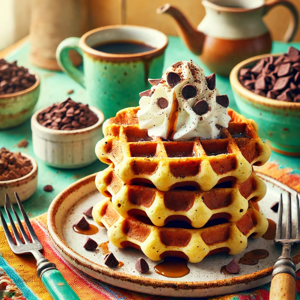 A vibrant and cheerful breakfast scene featuring Carob Chip Delight Waffles stacked on a rustic plate. The golden brown waffles are topped with melted carob chips, a dollop of whipped cream, and a drizzle of syrup. The setup includes a fresh and colorful tablecloth, a small bowl of carob chips, a cup of coffee, and a fork, illuminated by bright natural light to create a fresh and joyful atmosphere.