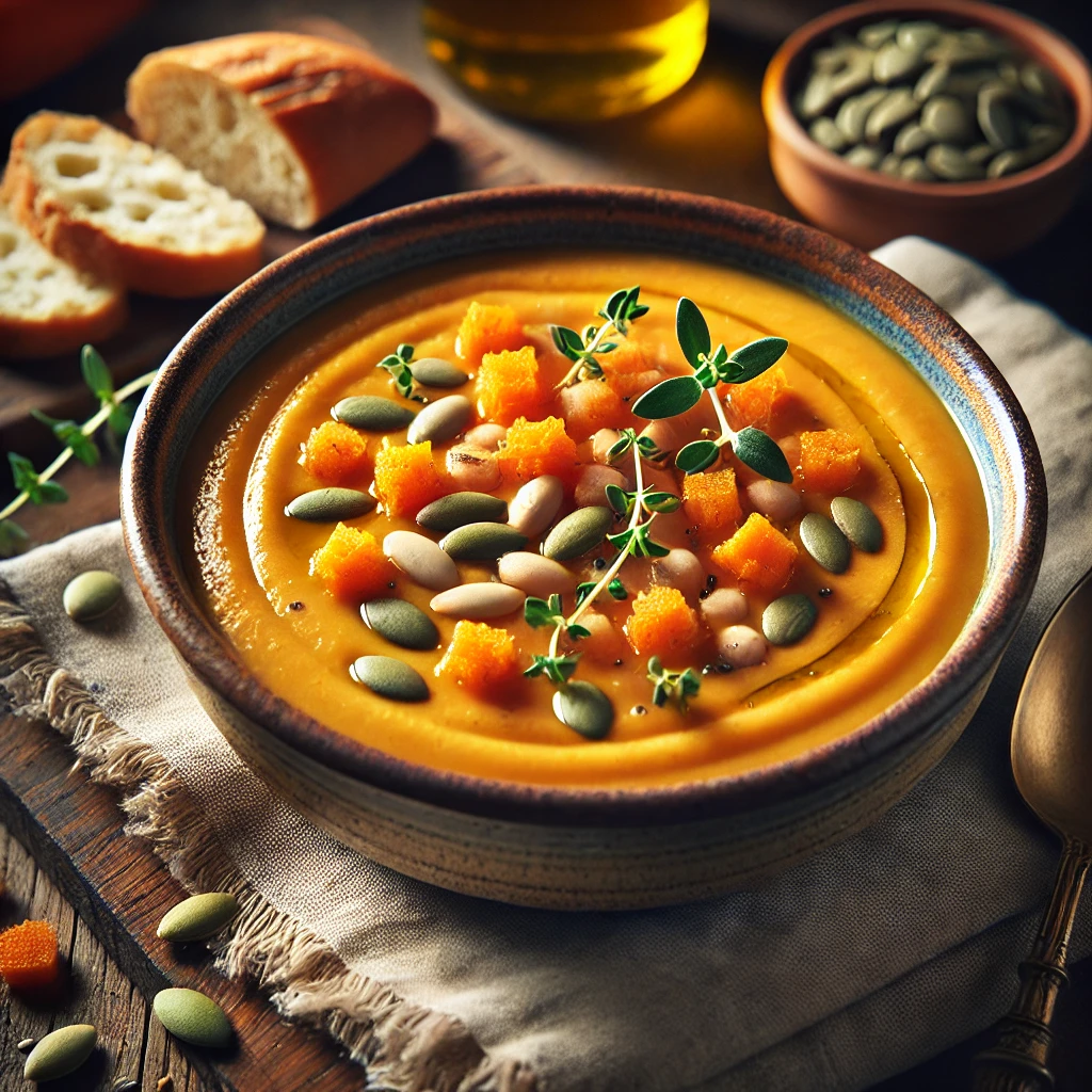 A rustic ceramic bowl of Carrot, Squash & Bean Protein Bisque, garnished with olive oil drizzle, pumpkin seeds, and fresh thyme, served with crusty bread on a wooden table.
