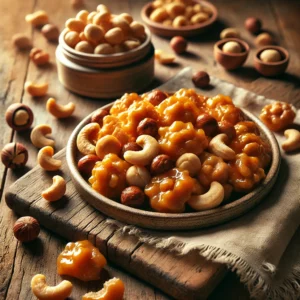 A plate of cashew macadamia crunch on a rustic wooden table, featuring golden caramel-coated cashews and macadamia nuts forming a crunchy, nutty brittle. Some pieces are broken apart to showcase the glossy caramel coating and rich nutty texture. Extra cashews and macadamia nuts are scattered around for a homemade touch, with soft natural lighting enhancing the warm, inviting tones.